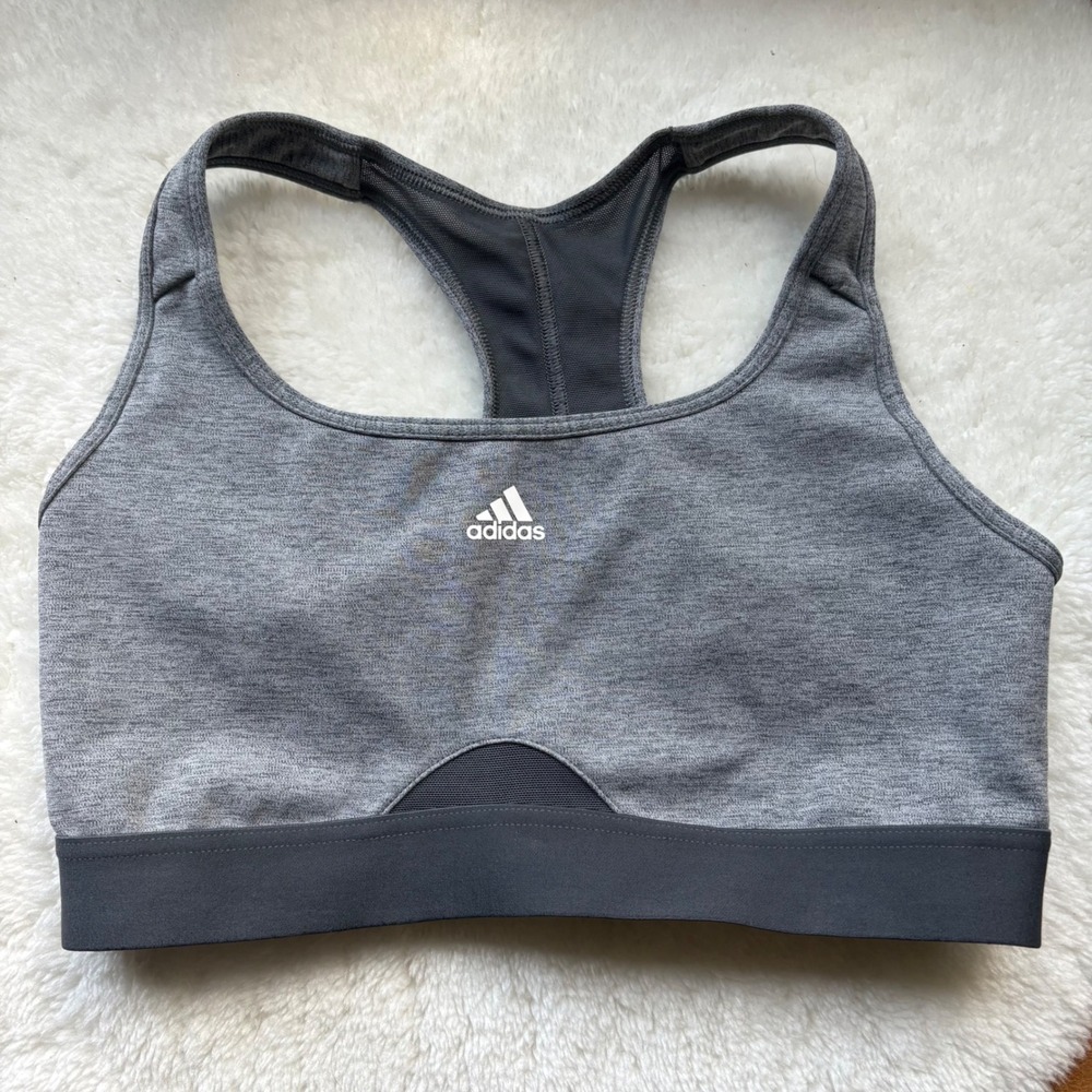 Adidas Womens Heather Grey Racerback Sports Bra Logo Band Medium Support
